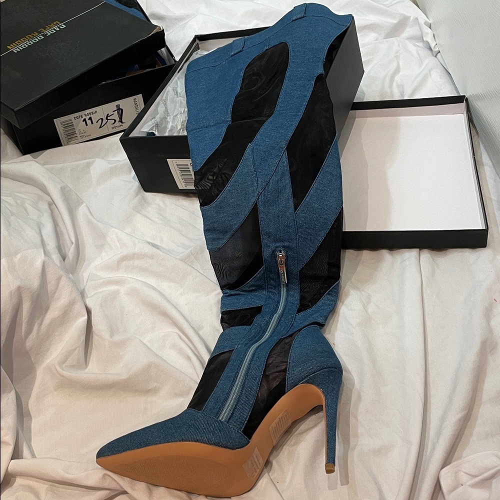 •CAPE ROBBIN• “Mandali” Mesh Denim Thigh High Boots - Blue & Black // NIB - Picture 6 of 14